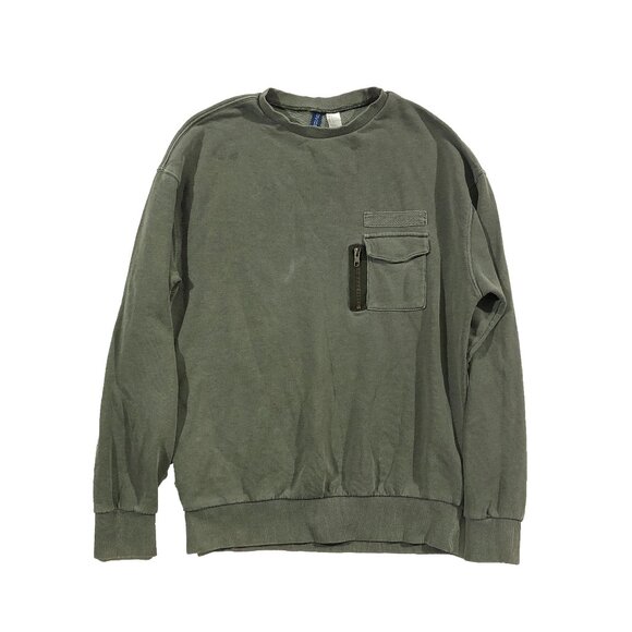 H&M Divided Mens S Green Crew Neck Long Sleeve Chest Pocket Pullover Sweatshirt - Picture 1 of 8